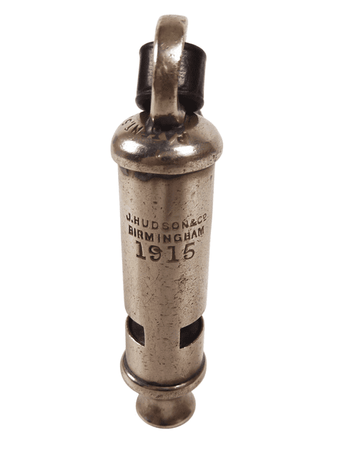 Original Antique Military WW1 1915 J Hudson Co Birmingham Hudson's Patent Whistle 5727-08 c/w Strap