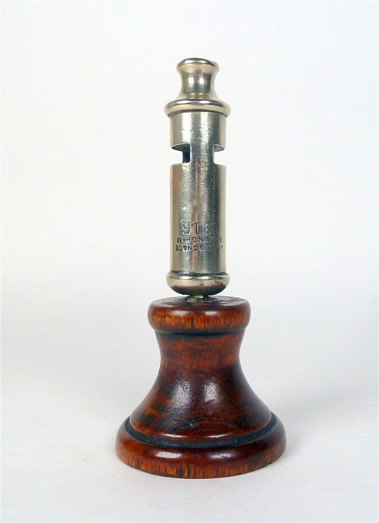 Original Antique Military WW1 1915 J Hudson Co Birmingham Trench Desk Whistle Great War Wood Base