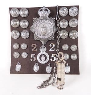 Original Antique Stoke-On-Trent City Police Collection Helmet Cap Badge Buttons Whistle c/w Chain
