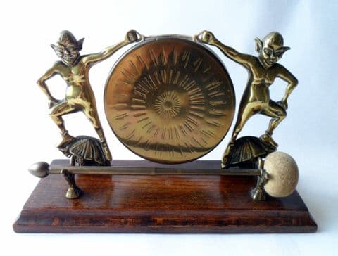 Original Vintage Brass Pixie Dinner Table Gong Oak Base Felt Hammer Reg No 798812 1935 1930s