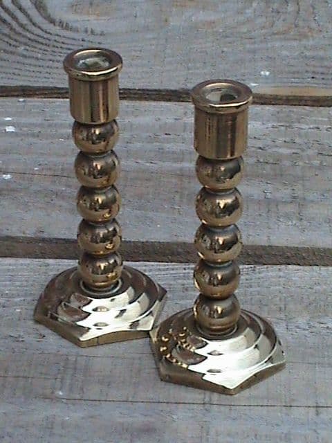 Pair of 4" High English Solid Brass Cottage Candlesticks with Ball Stems, Circa 1880/1900s