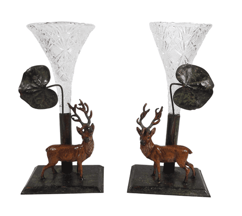 Pair of Antique Late 19th Century Glass & Base Metal Epergne Vases Stag & Leaf Design Present from