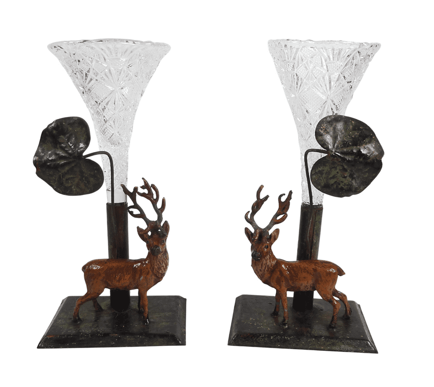 Pair of Antique Late 19th Century Glass & Base Metal Epergne Vases Stag & Leaf Design Present from
