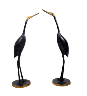 Pair of Vintage 1970s MCM Bronzed Cast Brass Oriental Stork Figure Sculpture Verdigris Wading Bird