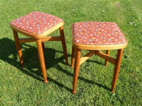 Pair of Vintage Kitchen Mid Century Vinyl Topped Wooden Stools Chair Centre Nottingham 1950s
