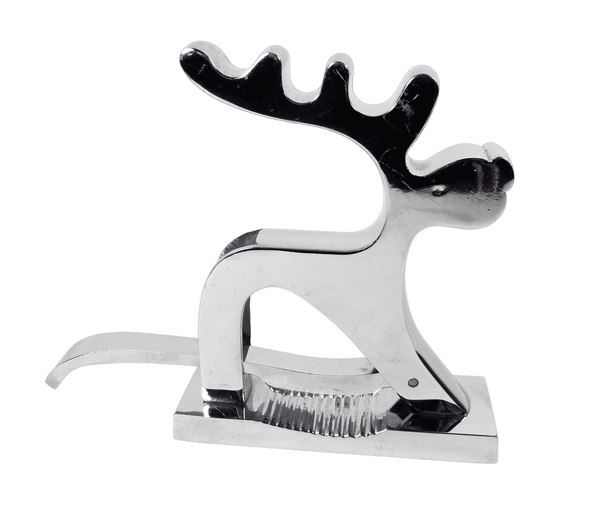 Post Vintage Chrome Figural Reindeer Nutcracker Nut Cracker Christmas Xmas Nuts Wood Base