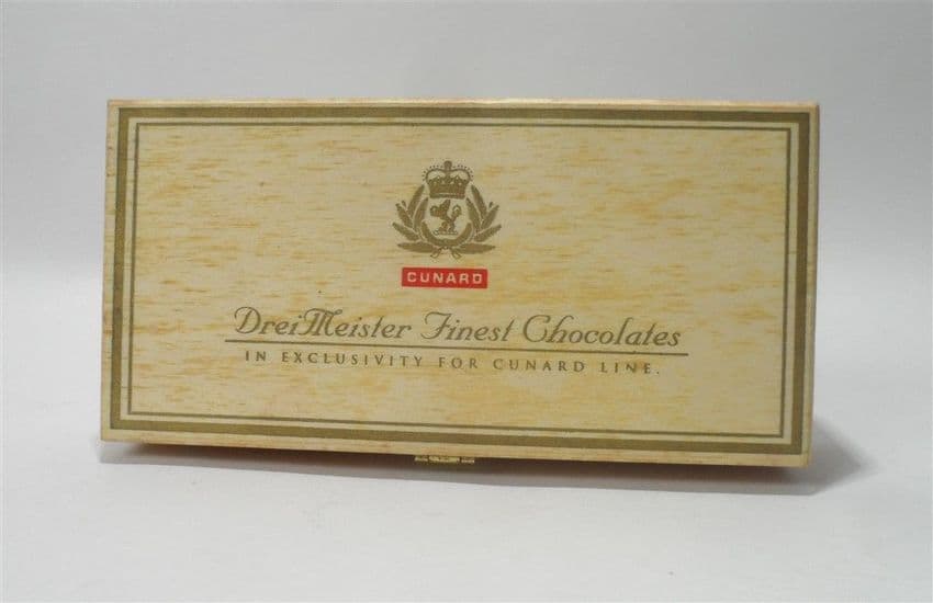 Post Vintage Cunard DreiMeister Wooden Chocolate Box Non Alcoholic Honeymoon Truffle Assortment Pen