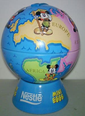 Post Vintage Disney Nestle Mini Eggs Mickey Mouse Money Box Bank Globe Tin 1990s