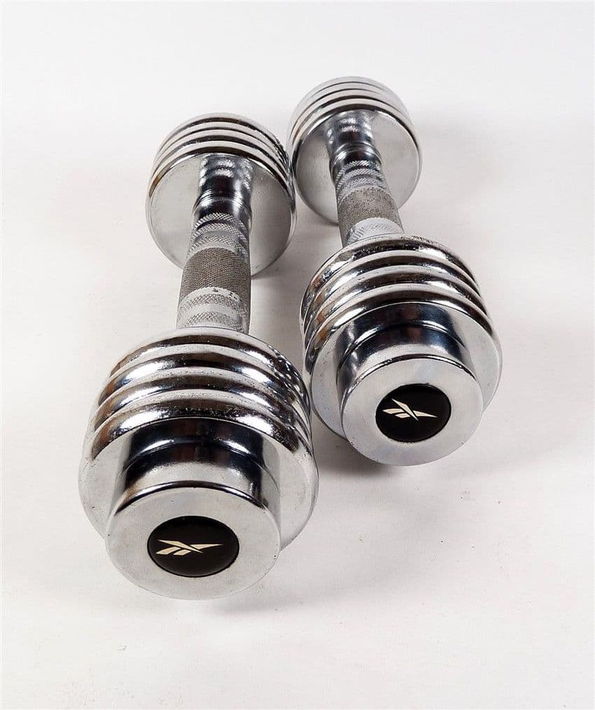 Post Vintage Gym Weights Pair of Reebok Adjustable Dumbbells Chrome Plated Physical Culture 6.5kg