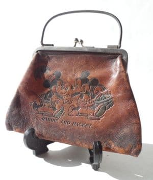 Rare HTF Unusual Vintage Minnie and Mickey Mouse Leather Purse Circa 1930s Disney Bag Disneyana
