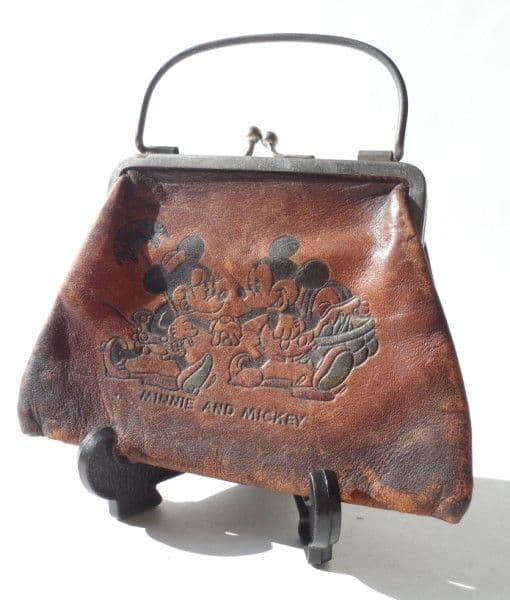 Rare HTF Unusual Vintage Minnie and Mickey Mouse Leather Purse Circa 1930s Disney Bag Disneyana