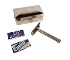 Scarce Antique Shaving Boxed AB British Made 3 Piece Open Comb Safety Razor Chevron Handle 1930s