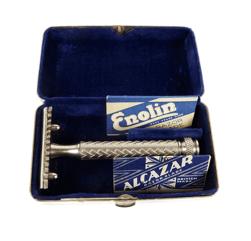 Scarce Antique Shaving Boxed AB British Made 3 Piece Open Comb Safety Razor Chevron Handle 1930s