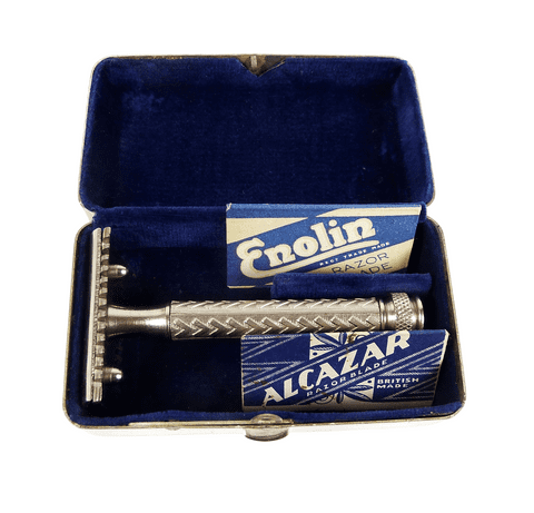 Scarce Antique Shaving Boxed AB British Made 3 Piece Open Comb Safety Razor Chevron Handle 1930s