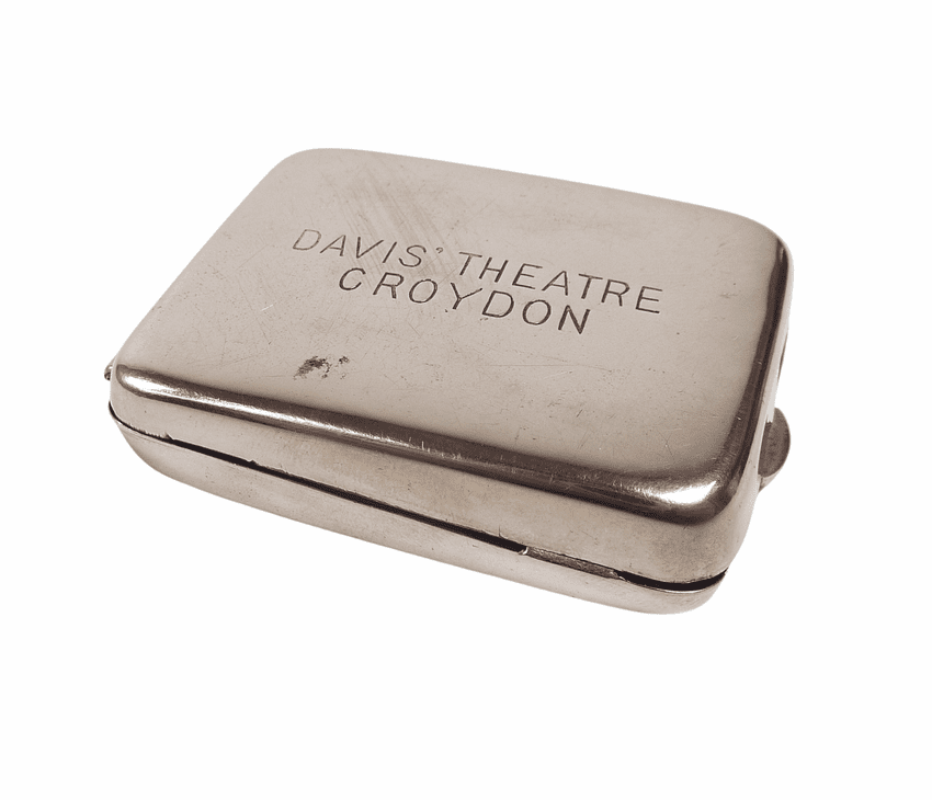 Scarce Antique Vesta Nickel Silver Plated Match Book Holder Advertising Davis Theatre Croydon 1930s