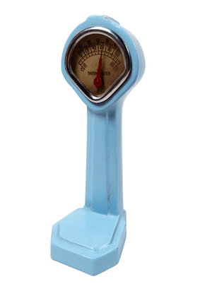 Scarce Vintage Art Deco Blue Enamel Penny Weighing Scales Figural Desk Thermometer