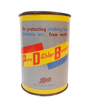 Scarce Vintage Boots Pure Drug Co ParaDichlorBenzene Moth Crystal Tin Huntley Boorne & Stevens 1950s