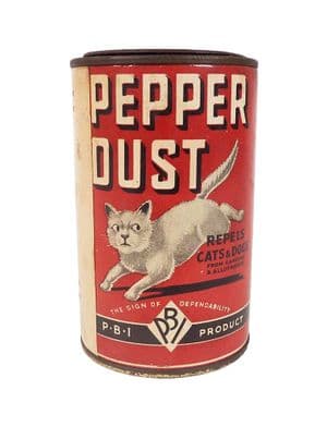 Scarce Vintage Horticultural Tin PBI Pepper Dust c/w Contents Garden Allotments Cat Design 1950s