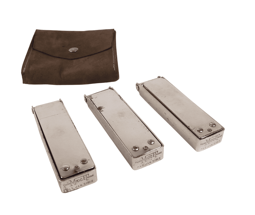 Set of 3 Antique Cased Chrome 1913 US Midget Patent Folding Coathanger Coat Garment Hanger Travel