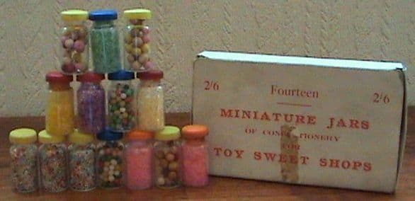 Vintage 14 Miniature Glass Jars Confectionery for Toy Sweet Shops Unused Boxed Circa 1950s Trebor