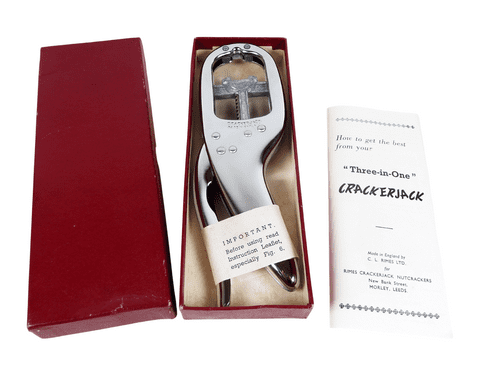 Vintage 1965 Boxed Paper Seal Chrome 3 in 1 Crackerjack Nut Ice Nutcrackers C.L. Rimes Instructions