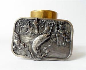 Vintage 1982 Pewter Siskiyou Leather & Buckle Belt Buckle Oregon USA Fishing M-10 Angling Fly Trout