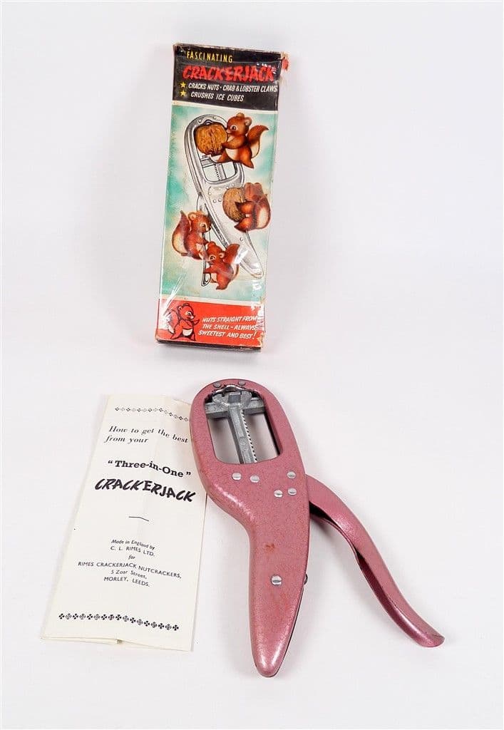 Vintage 68 Red Hammertone Crackerjack Nut Ice Lobster Crackers Rimes Arthritis Rheumatism Box Pink