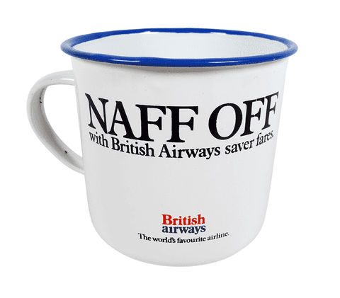 Vintage Advertising British Airways Naff Off Porridge Slade Prison Enamel Mug Beaker Ronnie Barker