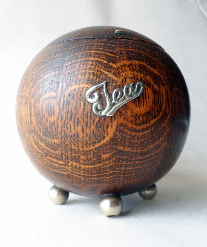 Vintage Antique Art Deco Globe Round Oak Tea Caddy with Liner Circa 1930s Circular Teas Box