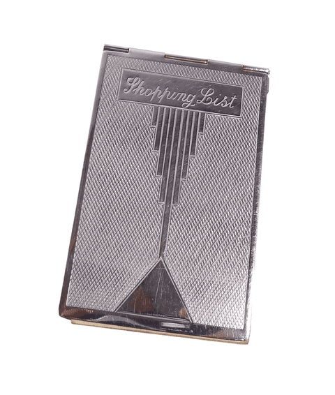 Vintage Art Deco Geometric Design Chrome Plate 'Shopping List' Note Book Holder Original Pad c1935