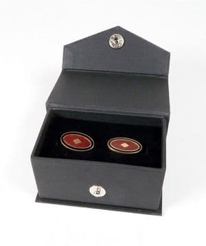 Vintage Art Deco Style Gold Tone Guilloche Enamel Red & Black Oval Cufflinks Boxed