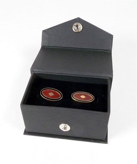 Vintage Art Deco Style Gold Tone Guilloche Enamel Red & Black Oval Cufflinks Boxed
