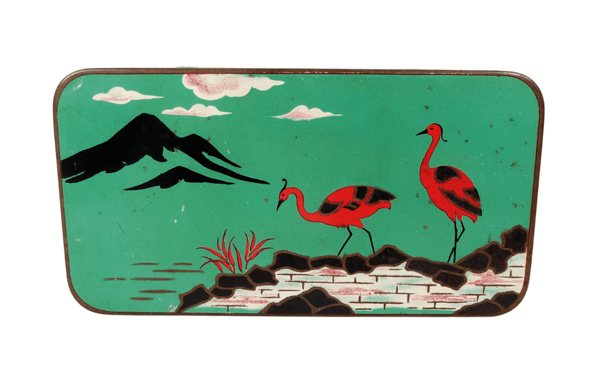 Vintage Art Deco William Crawford Sons Edinburgh Liverpool London Sample Stork Biscuit Tin Japanese