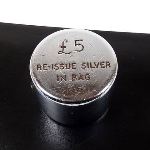 Vintage Bank Post Office Coin Cash Money Chrome Plate Weight £5 Re-Issue Silver in Bag Paperweight