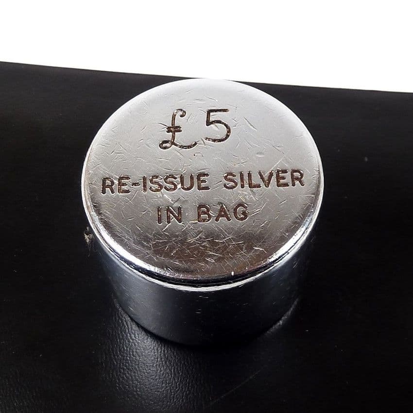 Vintage Bank Post Office Coin Cash Money Chrome Plate Weight £5 Re-Issue Silver in Bag Paperweight