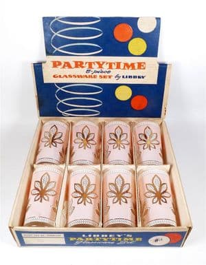Vintage Bar Libbey Party Time Glass Set Eight 12 1/2oz Tumblers Boxed 1950s Unused Drinking Glasses