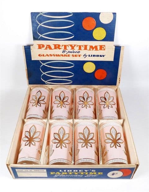 Vintage Bar Libbey Party Time Glass Set Eight 12 1/2oz Tumblers Boxed 1950s Unused Drinking Glasses