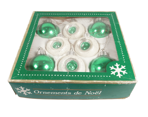 Vintage Boxed Christmas Tree Decoration Ornament Polish Glass Ball Baubles 1970s Concave Green White