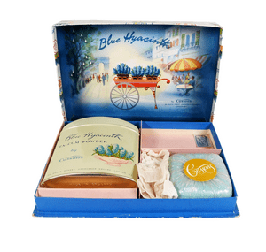Vintage Boxed Cussons London Blue Hyacinth Perfumed Talcum Talc Powder Soap Set 1950s c/w Contents