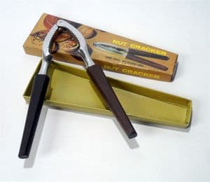 Vintage Boxed Ross of Japan Chrome Finished Rosewood Handled Nut Crackers Nutcrackers 1960s 1970s