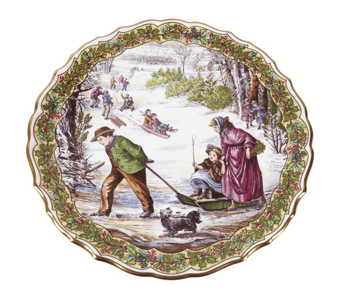 Vintage Boxed Spode England Victorian Christmas Series Decorative Plate No 3 Sleighing Sledging Sled