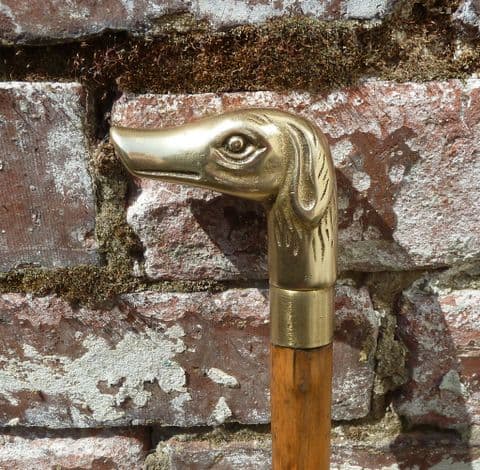 Vintage Brass Dogs Head Walking Stick Sturdy 32.5" Length 1" Diameter Circa 1980s