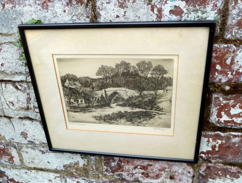 Vintage Brig o' Balgownie Aberdeen Scotland Etching W 'Willie' S Percy framed Dutton & Sons Chester