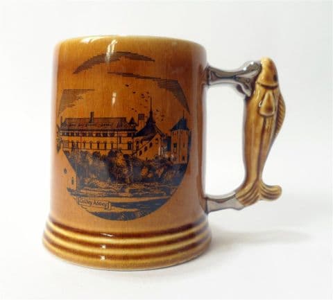 Vintage Caldey Island Pottery Half Pint Fish Handle Tankard Mug 1960s Cistercian Abbey Celtic Monks