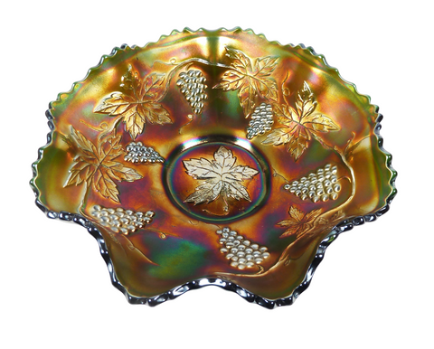 Vintage Carnival Art Glass 10." Diameter Fruit Bowl Grape Vine Leaf Dish Green Iridescent Colourful