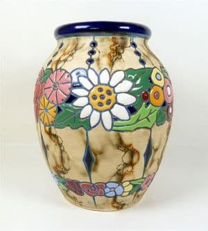 Vintage Ceramics Amphora Czech Czechoslovakia Pottery Vase 1930s Art Deco Floral Flowers Textured