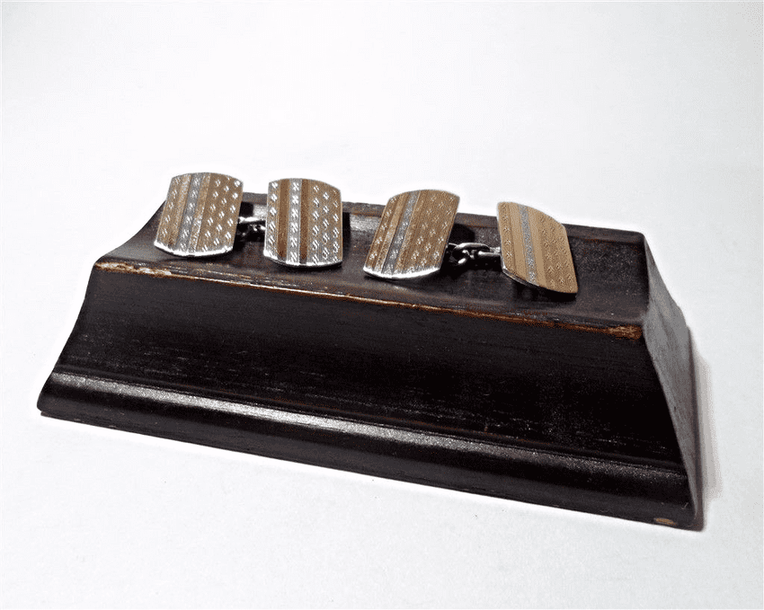 Vintage Chain Link 9 Carat Gold on Silver Cufflinks Circa 1930s Engine Turned 9ct