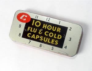 Vintage Chemist Medical Tin Cupal Blackburn 10 hour Flu & Cold Capsules 1960s Clock Face Design