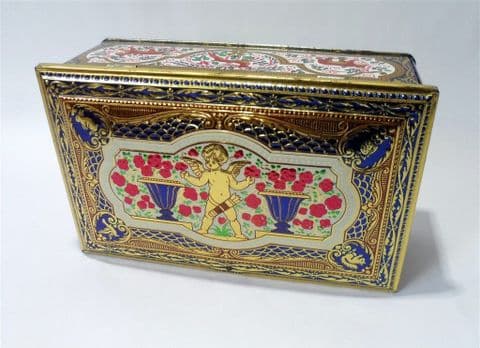Vintage Cherub Casket Toffee Tin with Lock MB Metal Box Co. Animals Rabbit Owl Squirrel Dove