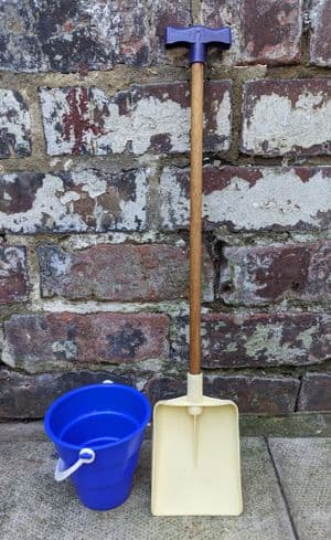 Vintage Childs Springwell Mouldings Beach Bucket & Wooden Handled TNT Safer Spade 70s